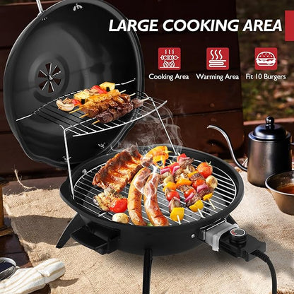 ROVSUN 1600W Vertical Electric Grill with Lid, Red 304 Stainless Steel Grill w/Detachable Pull-out Drip Tray, Double Layer Design, Portable & Removable, for Indoor and Outdoor Use (Black Tabletop)