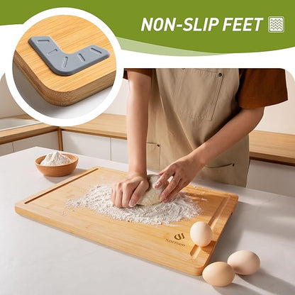 Extra Large Charcuterie Bamboo Board Non Slip Feet Over Sink Wooden Cutting Chopping Board Butcher Block Nice Solid Thick Juice Groove Big Xl XXl xlarge Hardwood Kitchen Counter Organic Meat BBQ Kit