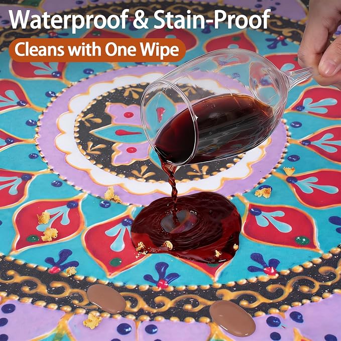 opstellen Fitted Round Tablecloth Wipe Clean Table Cloth Vinyl Inside Outside Circle Cover for 36-44" Tables Dining Kitchen Family Festival Items Gifts Summer Fall Patio Picnic Camp Garden Essential