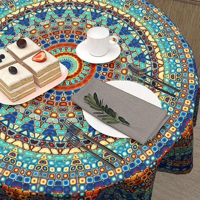 Sweetshow Boho Mandala Tablecloth Round 70 Inch,Rustic Colorful Bohemian Polyester Circle Table Cloth,Wrinkle Stain Resistant Washable Table Cover for Kitchen Dining Room Holiday Party Picnic Patio