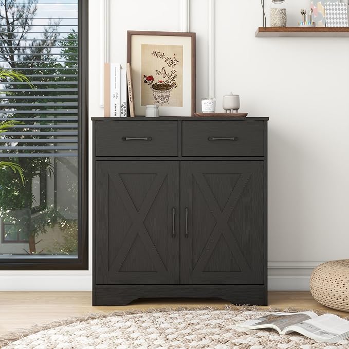 Panana Sideboard 2 Drawers 2 Doors Entryway Storage Cabinet Living Room Organizer Farmhouse Style Wooden Kitchen Cupboard (Black)