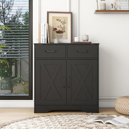 Panana Sideboard 2 Drawers 2 Doors Entryway Storage Cabinet Living Room Organizer Farmhouse Style Wooden Kitchen Cupboard (Black)
