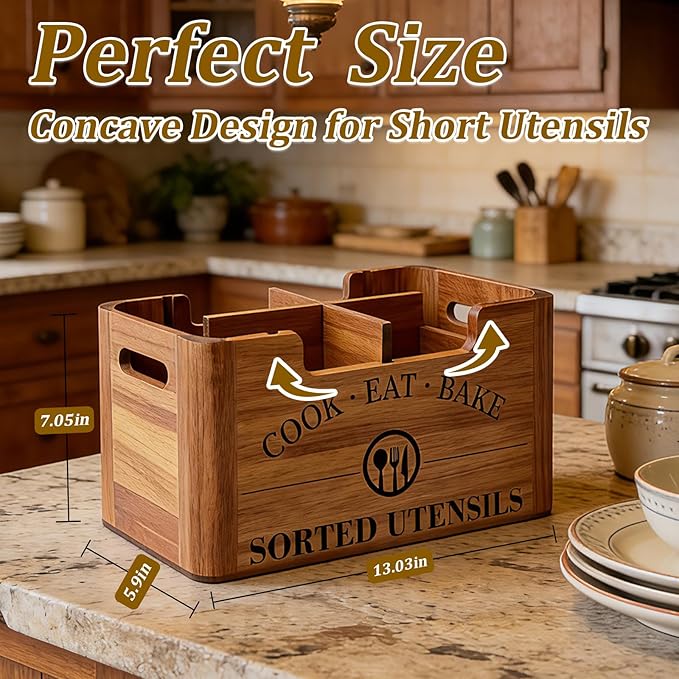 Upgraded Acacia Wood Kitchen Utensil Holder, Warm Aesthetic 3 DIY Storage Modes, Rustic Extra Large Utensil Holder for Countertop, Farmhouse Decor & Island