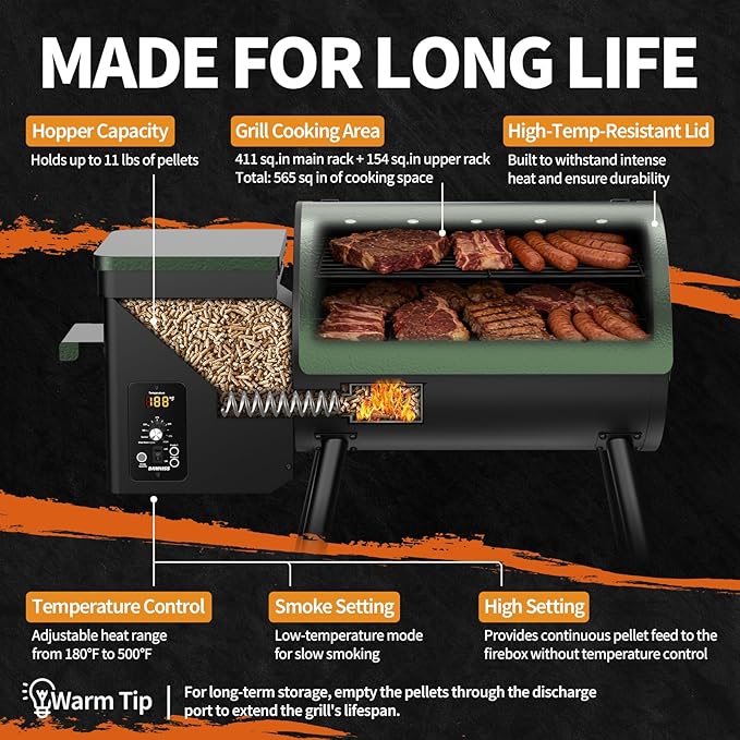 Electric Pellet Smoker Grill 565 SQ.IN Cook Area Pellet Smoker with Auto Feed & PID Controller 500°F Max Temperature 8 in 1 BBQ Grill with Meat Probe & Side Table with Hooks Perfect for Outdoor BBQ