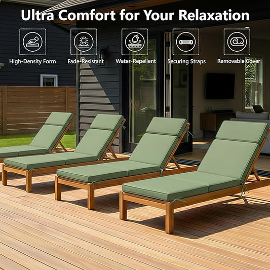 72 x 21 Inch Outdoor Chaise Lounge Cushions Set of 4 - Removable Cover, 4-Section Design, Water-Repellent & Fade-Resistant, 6 Tie Straps, Replacement for Patio & Pool Chairs - Sage Green