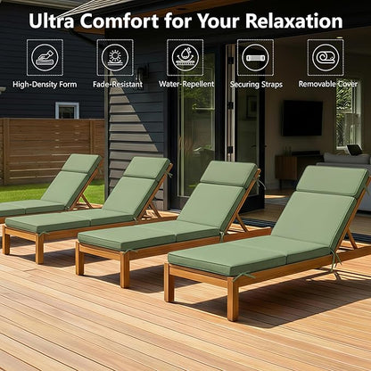 80 x 26 Inch Outdoor Chaise Lounge Cushions Set of 4 - Removable Cover, 4-Section Design, Water-Repellent & Fade-Resistant, 6 Tie Straps, Replacement for Patio & Pool Chairs - Sage Green