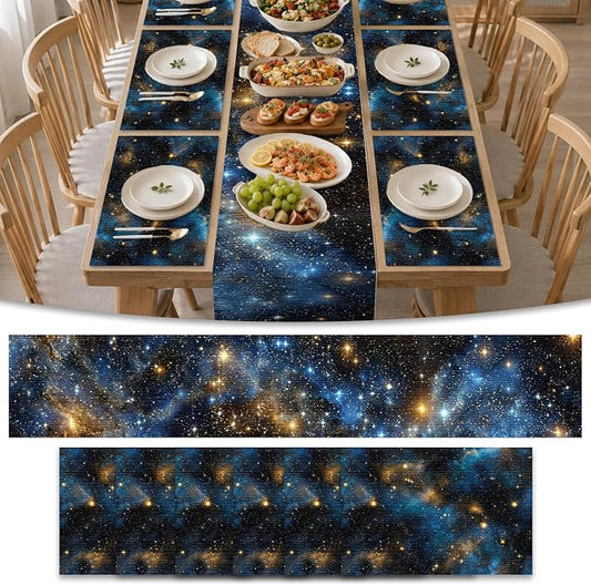 Nuxovilar Tablerunner and Placemats Set of 7 Starry Sky Themed Linen Square Placemats for Dining Dining Sets and Accessories Themed Dinner, Star Party, Romantic Gathering