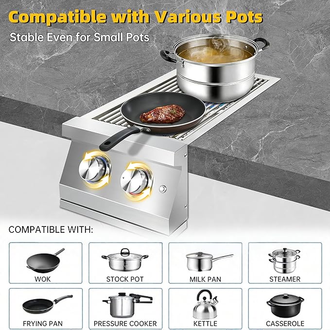 Double Side Burners for Outdoor Grill, Heavy-Duty 304 Stainless Steel, Built-in Side Burners with LED for Outdoor Kitchen BBQ Island, 2x17,000BTU Natural Gas Side Burner Convertible to Liquid Propane