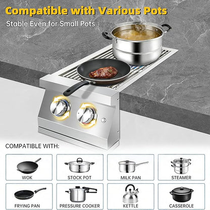 Double Side Burners for Outdoor Grill, Heavy-Duty 304 Stainless Steel, Built-in Side Burners with LED for Outdoor Kitchen BBQ Island, 2x17,000BTU Natural Gas Side Burner Convertible to Liquid Propane
