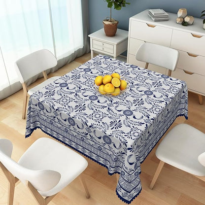 Ethnic Floral Square Table Cloths 60x60 Inch Blue Flowers Plants Chic Wrinkle Oil-Proof Resistant Table Cover Folk Style Tablecloths for Indoor Outdoor Kitchen Dining Party Restaurant