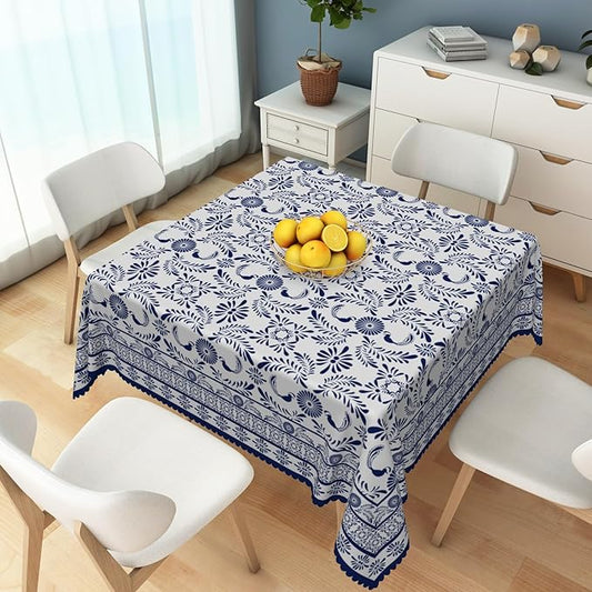 Ethnic Floral Square Table Cloths 60x60 Inch Blue Flowers Plants Chic Wrinkle Oil-Proof Resistant Table Cover Folk Style Tablecloths for Indoor Outdoor Kitchen Dining Party Restaurant