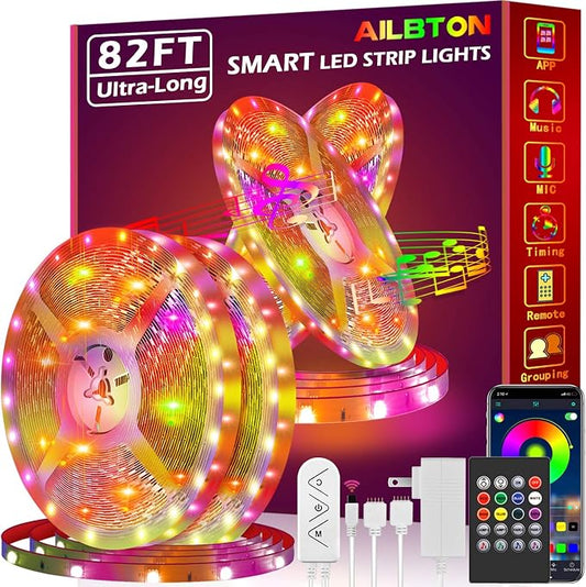 AILBTON Led Strip Lights,82ft Led Light Strips Music Sync Color Changing RGB Led Strip Built-in Mic,Bluetooth led Lights App Control with Remote,5050 RGB Rope Light Strip