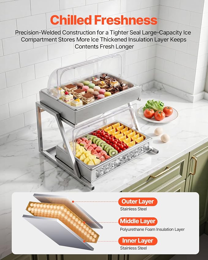 VEVOR Countertop Food Serving Display Container, 2 Tier Stainless Steel Food Salad Server Tray, Buffet Condiment Dispenser, Ice Cooled Rack with Clear Roll Top Cover, for Restaurant Hotel (1/1 Pan x2)