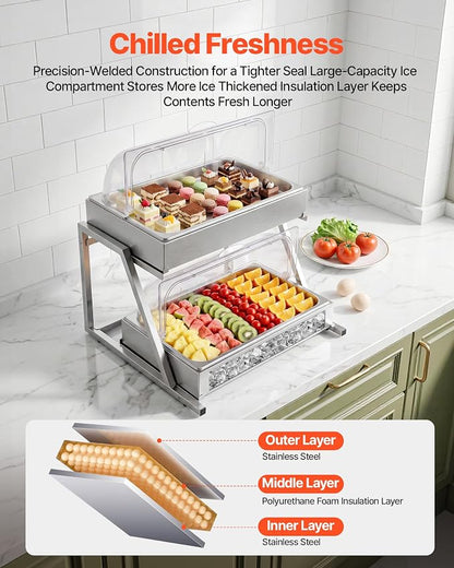 VEVOR Countertop Food Serving Display Container, 2 Tier Stainless Steel Food Salad Server Tray, Buffet Condiment Dispenser, Ice Cooled Rack with Clear Roll Top Cover, for Restaurant Hotel (1/1 Pan x2)