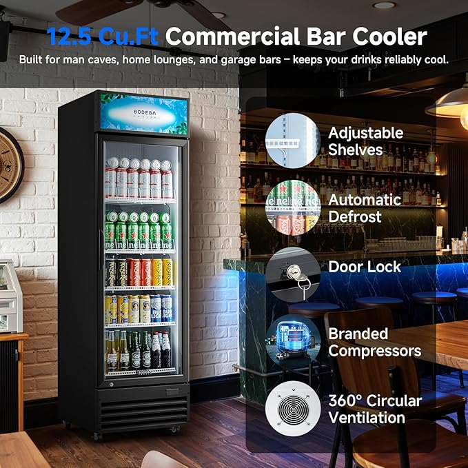 BODEGACOOLER Commercial Beverage Refrigerator and Cooler, 12.5 Cu.Ft. Commercial Merchandiser Refrigerator with Soft LED Light, Adjustable Shelves, Display Fridge For Kitchen,Office,Outdoor,Bar,Garage