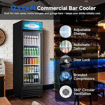 BODEGACOOLER Commercial Beverage Refrigerator, 12.5 Cu. Ft Black Commercial Merchandiser Refrigerator, LED Light/Adjustable Shelves,Upright Large Display Refrigerator For kitchen/Office/Home/Garage.