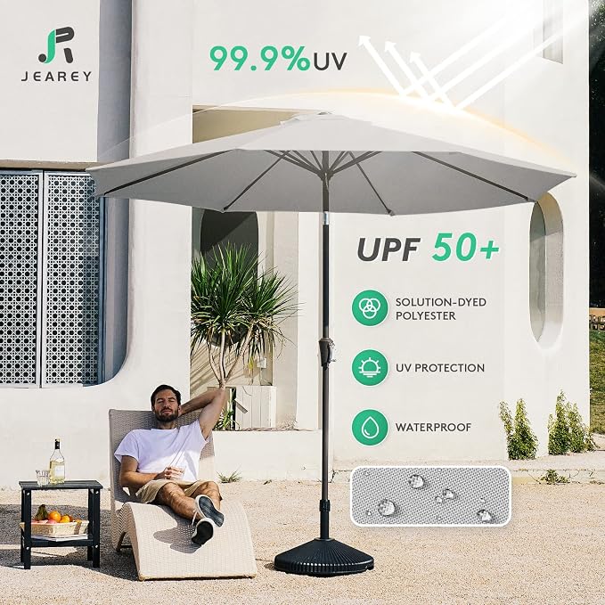 JEAREY 9FT Outdoor Patio Umbrella, Market Umbrella, Light Gray | Outdoor Table Umbrellas with 8 Sturdy， Tilt & Crank UV Protection Waterproof for Garden, Deck, Backyard, Pool