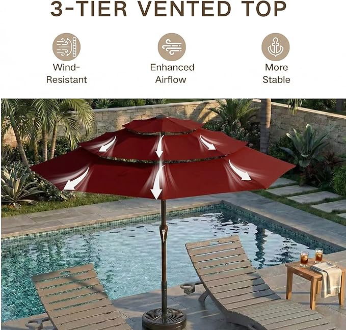 Kingdura 9ft 3-Tier Patio Umbrella, Outdoor Table Umbrella with Easy Crank & Tilt, 8 Reinforced Ribs, UV Protection for Deck, Pool, Market, Backyard (Dark red)
