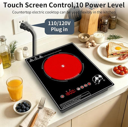 Single Burner Electric Cooktop, 1800W Electric Stove Top，portable cooktop with LED Touch Control,10Power Levels, 4H Timer, Safety Lock, single burner cooktop Overheat protection