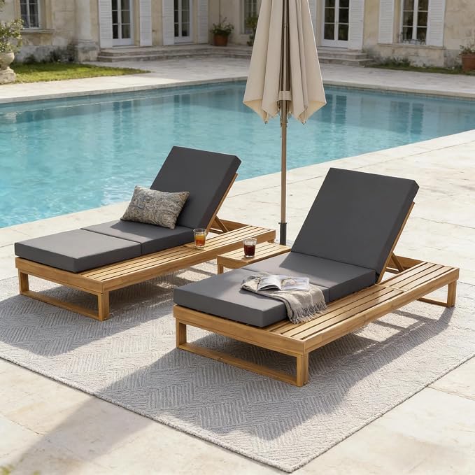 Merax 2 Piece Teak Finish Acacia Wood Chaise Lounge with 4-Inch Dark Grey 3-Fold Water-Resistant Cushion Set, 4-Position Adjustable Outdoor Patio Lounger with Flat Side Surface, for Poolside