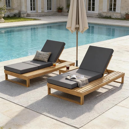 Merax 2 Piece Teak Finish Acacia Wood Chaise Lounge with 4-Inch Dark Grey 3-Fold Water-Resistant Cushion Set, 4-Position Adjustable Outdoor Patio Lounger with Flat Side Surface, for Poolside