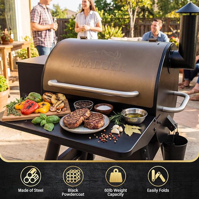 Folding Front Shelf Accessories for Traeger Pro 22 & Pro 575 Pellet Grills | Ironwood 650 BAC362 Replacement Grill Shelf, 25" x 12" Heavy-Duty Steel Prep Table Fold-Down Space-Saving Grill Accessory