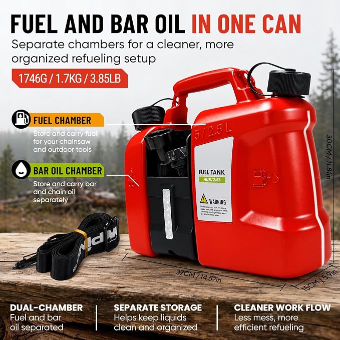 Dual-Chamber Chainsaw Fuel and Bar Oil Can, Portable 2-in-1 Refueling Container with Adjustable Shoulder Strap, Visible Level Window, Covered Tool Storage Box and Leak-Resistant Pour Spouts for Forestry Yard Farm Work