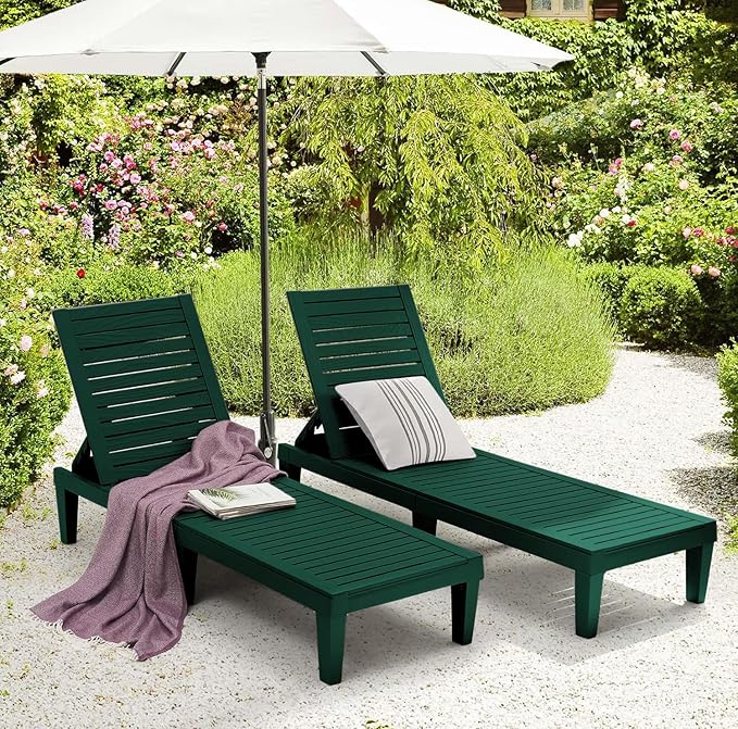 Nestl Sun Tanning Chair - Forest Green Chaise Lounge Chair Outdoor, Lightweight Pool Lounge Chairs Set of 2, Adjustable 5-Position Reclining Lawn Chair, Waterproof Beach Outdoor Lounge Chairs