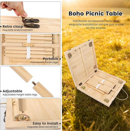 44" x 22" Boho Low Picnic Table, Foldable Solid Wood Construction | Beach Table with Tablecloth & Adjustable Legs, Indoor & Outdoor Use for Beach, Camping, BBQ, Wedding & Warm Family Gatherings