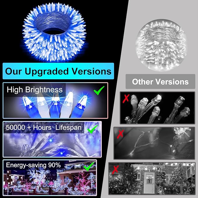 Christmas String Lights Outdoor 470FT 1500 LED Blue & White | Dimmable, 12 Light Styles, Memory Timer, Waterproof, 29V Safe Low Voltage, Diamond-Faceted LED, Energy Efficiency
