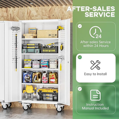 INTERGREAT Rolling Metal Cabinet with Wheels,72" Locking Storage Cabinet with Adjustable Shelves,Large Capacity Pulley Cabinets for Home Office,School,Garage(White)