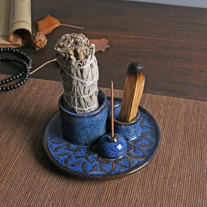 4-in-1 Ceramic Incense Burner Holder for Sticks/Palo Santo/Sage/Candle | 5.12" Ceramic Ash Catcher Tray with Holder, Designed for Meditation, Yoga Room & Home Decor Spaces
