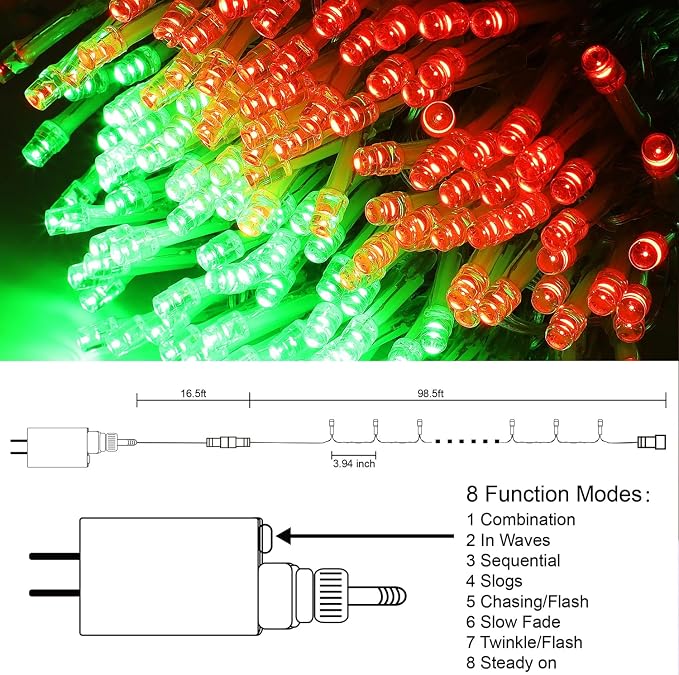 LJLNION 300 LED Christmas Lights, Extra Long 98.5FT Xmas String Lights Outdoor Indoor, 8 Lighting Modes, Plug in Waterproof Fairy Lights for Wedding Party Bedroom Decorations (Red & Green)