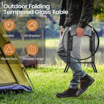 Foldable Side Table with Tempered Glass Top, 2 Pack Black & White | 18" Small Patio Side Tables Outdoor for Porch Yard Balcony Deck Lawn Garden