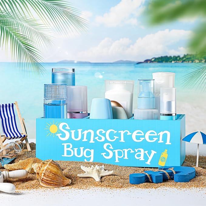 CroBlissful Sunscreen Bug Spray Storage Basket Blue Summer Wooden Box with 3 Compartments Toilet Tank Tray for Indoor Outdoor Swimming Pool Decor Sunblock Sunglasses Beach Pool Toy Storage Box
