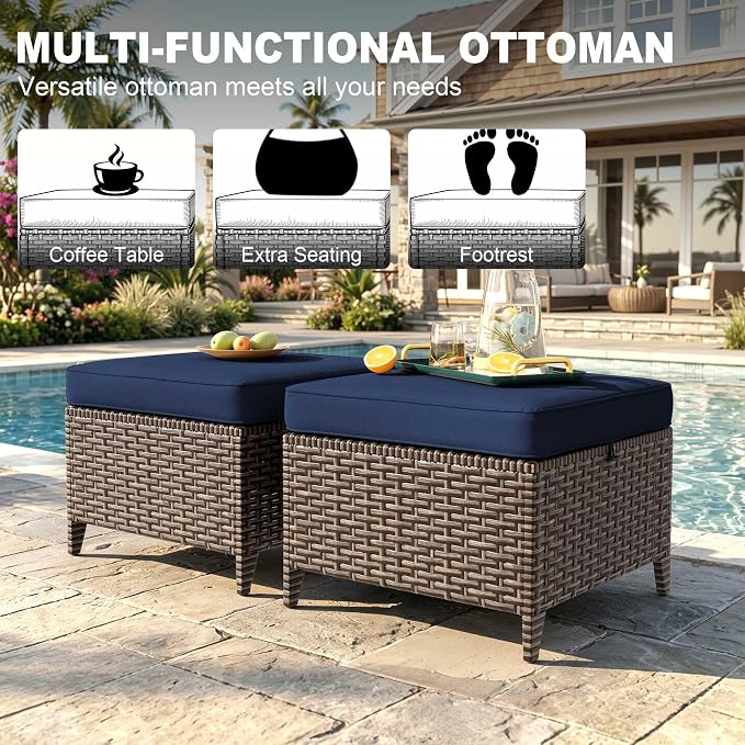 4 Pieces Patio Furniture Set, 2 High Back Swivel Chairs & 2 Ottomans, All-Weather PE Wicker Furniture with Waterproof Cushions for Deck, Garden, Porch