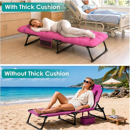 Suteck Tanning Chair with Face Hole, Folding Beach Lounge Chairs, Pink | Adjustable 5-Position Reclining Chaise, Removable Cushion & Pillow, Cooler Bag, 500Lbs Heavy-Duty for Outdoor Camping& Home