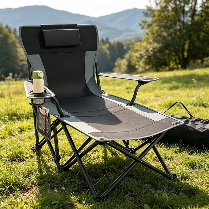Suteck Camping Chair with Foot Rest, Reclining Folding Beach Chairs, Black | Adjustable 90°-140° Lounge Chair,Heavy Duty Outdoor Recliner Chairs with Cup Holder & Side Pockets,Supports 500lbs,Carry Bag