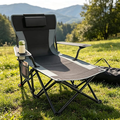 Suteck Camping Chair with Foot Rest, Reclining Folding Beach Chairs, Black | Adjustable 90°-140° Lounge Chair,Heavy Duty Outdoor Recliner Chairs with Cup Holder & Side Pockets,Supports 500lbs,Carry Bag