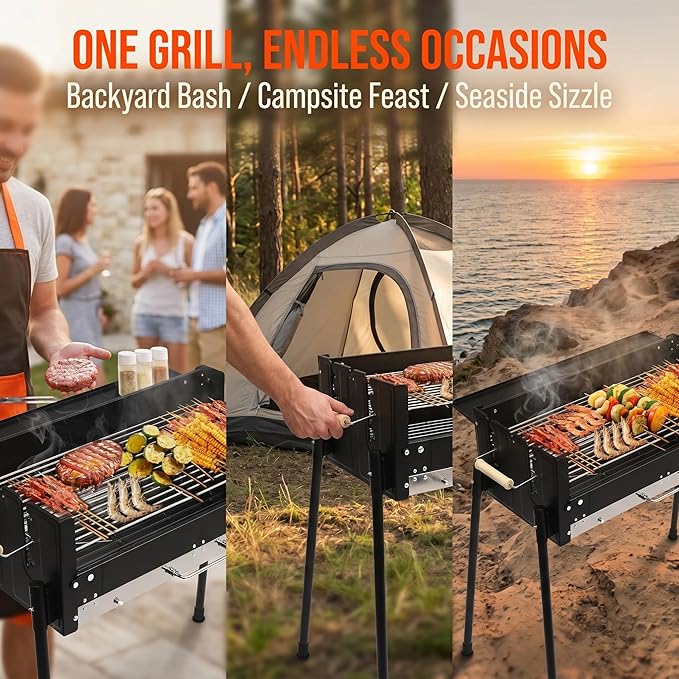 Portable Charcoal Grill - Foldable Stainless Steel Hibachi BBQ for Camping, Hiking, Picnics & Outdoor Cooking, Ideal for BBQ Lamb Skewers and More