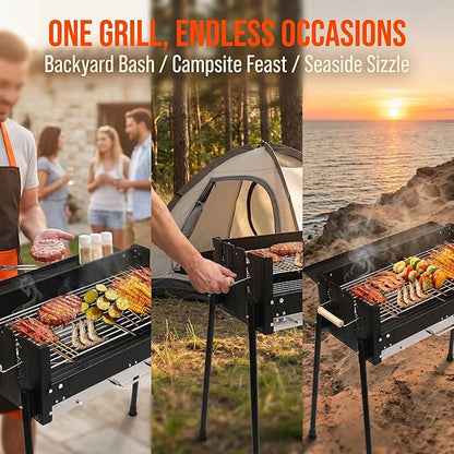 Portable Charcoal Grill - Foldable Stainless Steel Hibachi BBQ for Camping, Hiking, Picnics & Outdoor Cooking, Ideal for BBQ Lamb Skewers and More
