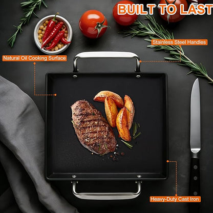 8.6 Inch Cast Iron Griddle Pan, Medium Pre-seasoned Naturally Smooth Stove Top Flat Plate with Stainless Steel Handle for Gas Grill, Camping, BBQ, Smooth Surface One Burner Cookware