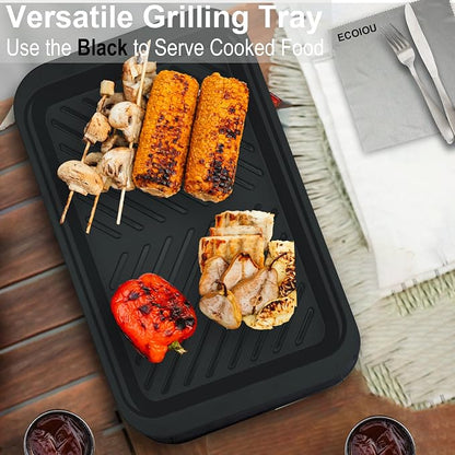 ECOIOU Deep Grilling and Prep Serving Tray, Dishwasher-Safe | BBQ Trays for Raw and Cooked Food, Melamine Serving Trays for Food, Set of 2, Black and Red