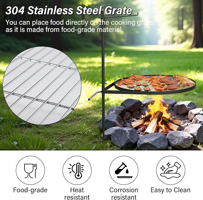 24" Fire Pit Grill w/304 Stainless Steel Grate, Portable Carry Bag | Swivel Grill Grate, 360° Rotatable, Height Adjustable, Easy Setup, Perfect for Hiking, Picnics & Family BBQs
