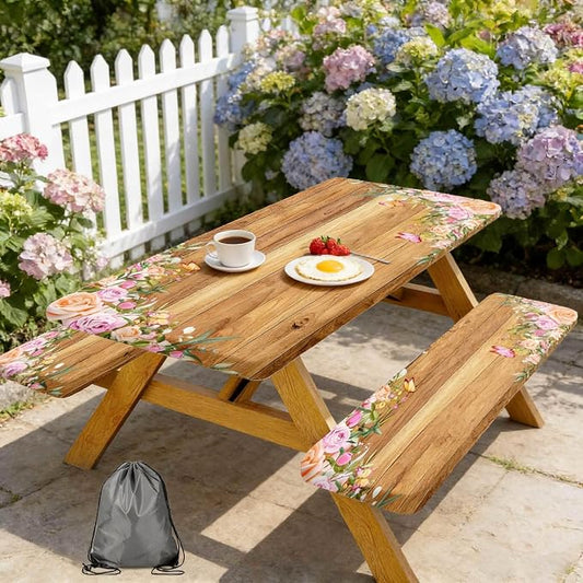 Camper Picnic Table Cover with Bench Covers Elastic Edges, Wooden Camper Fitted Table Cover, Outdoor Patio Camping Essentials 60 Inch 3PCS, Waterproof Camping Fitted Tablecloth with Drawstring Bag