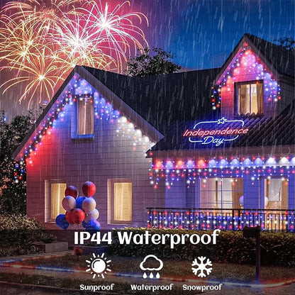 Red White and Blue Icicle Lights for Outside, 4th of July Decorations Independence Day Patriotic Lights, 66ft 640 LED with 120 Drops Clear Wire Connectable for Memorial Day Party Holiday