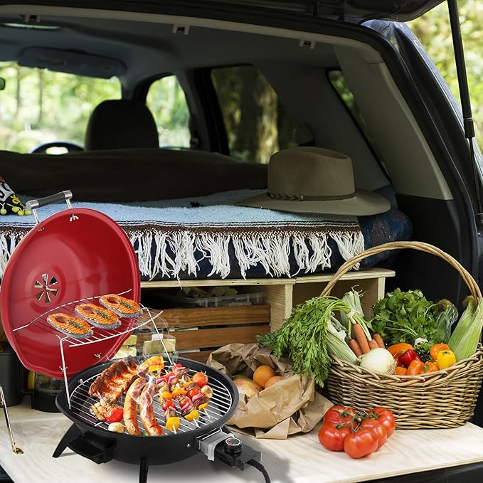 ROVSUN 1600W Red Portable Electric Grill – Adjustable Temperature Control, 304 Stainless Steel Double-Layer Cooking Surface, Removable Tabletop Stove for Indoor & Outdoor Use