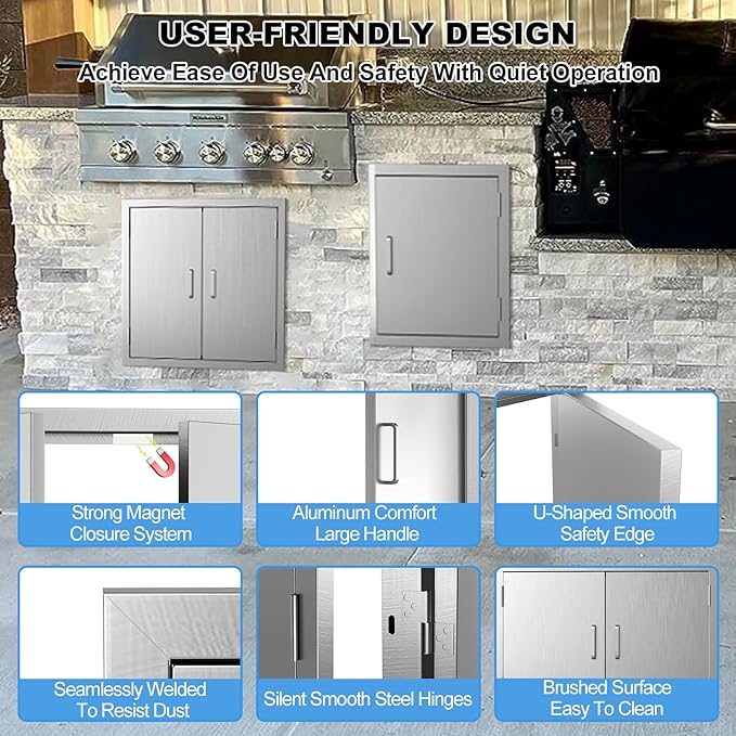 Outdoor Kitchen Doors 24" W x 24" H-304 Stainless Steel Never Rust BBQ Access Door-Double Layer-Outside Cabinet Door-Weatherproof GrillDoor-Flush Mount BBQ Island Doors-MetalDoor for Outdoor Kitchen