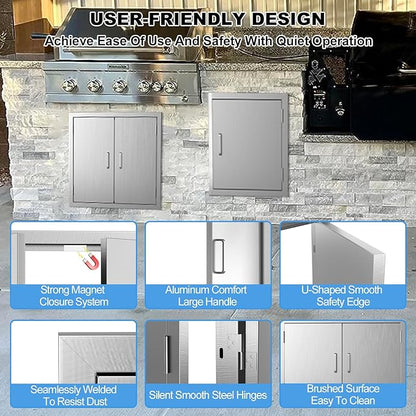 Outdoor Kitchen Doors 24" W x 24" H-304 Stainless Steel Never Rust BBQ Access Door-Double Layer-Outside Cabinet Door-Weatherproof GrillDoor-Flush Mount BBQ Island Doors-MetalDoor for Outdoor Kitchen