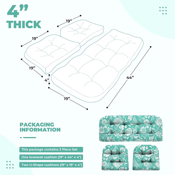 DANGHOOGY Wicker Chair Cushions, Waterproof Outdoor Loveseat Cushions for Patio Furniture, Tufted Wicker Furniture Cushions, 1 Loveseat and 2 U-Shaped Cushions (Cyan Rose)